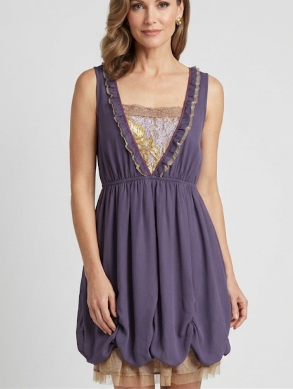 Axes Femme Plunging Ruffle-Trim Purple Lace Chemise Dress Size M